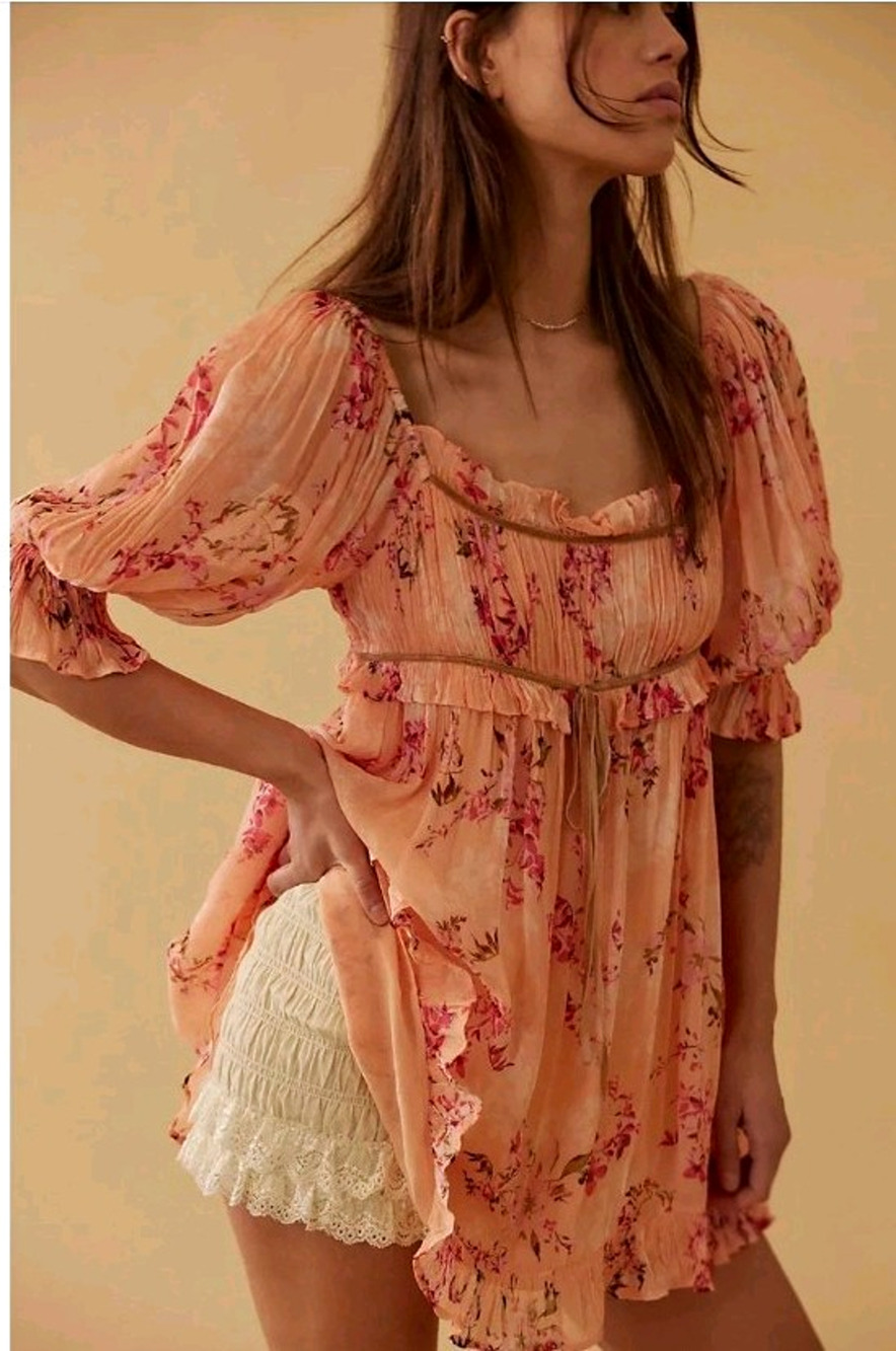 Free People Marney Mini Romatic Boho Peach Pink Floral Babydoll Dress Medium